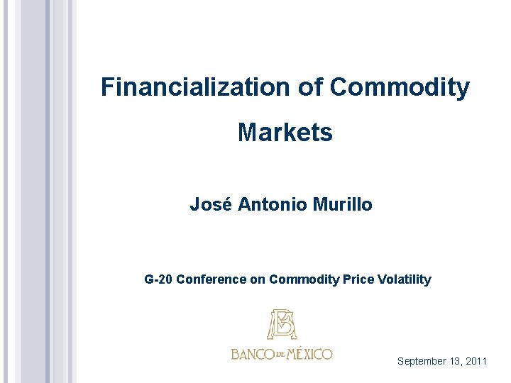Financialization of Commodity Markets José Antonio Murillo G-20 Conference on Commodity Price Volatility September
