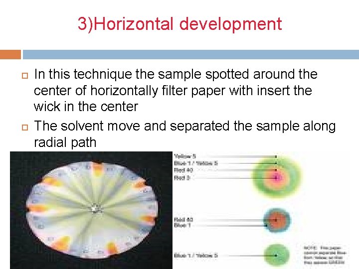 3)Horizontal development In this technique the sample spotted around the center of horizontally filter