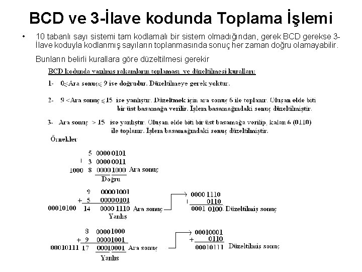 BCD ve 3 -İlave kodunda Toplama İşlemi • 10 tabanlı sayı sistemi tam kodlamalı