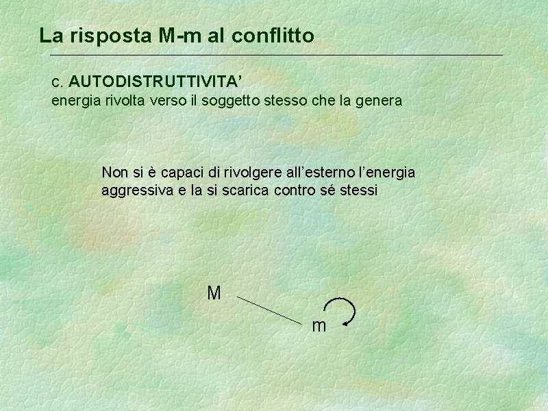 La risposta M-m al conflitto c. AUTODISTRUTTIVITA’ energia rivolta verso il soggetto stesso che