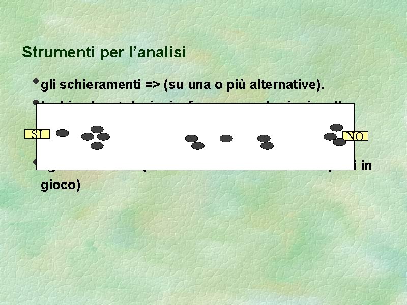 Strumenti per l’analisi • gli schieramenti => (su una o più alternative). • tachimetro