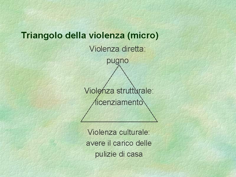 Triangolo della violenza (micro) Violenza diretta: pugno Violenza strutturale: licenziamento Violenza culturale: avere il