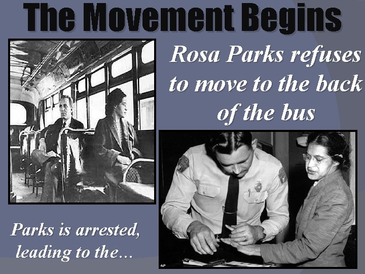 The Movement Begins Rosa Parks refuses to move to the back of the bus