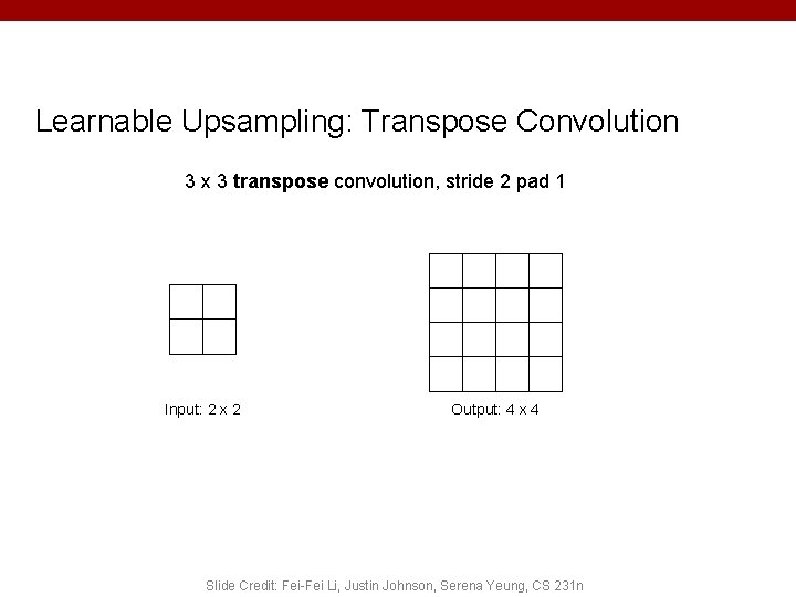 Learnable Upsampling: Transpose Convolution 3 x 3 transpose convolution, stride 2 pad 1 Input: Learnable Upsampling: Transpose Convolution 3 x 3 transpose convolution, stride 2 pad 1 Input: