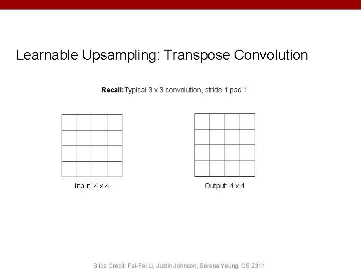 Learnable Upsampling: Transpose Convolution Recall: Typical 3 x 3 convolution, stride 1 pad 1 Learnable Upsampling: Transpose Convolution Recall: Typical 3 x 3 convolution, stride 1 pad 1