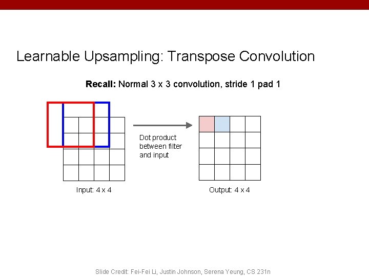 Learnable Upsampling: Transpose Convolution Recall: Normal 3 x 3 convolution, stride 1 pad 1 Learnable Upsampling: Transpose Convolution Recall: Normal 3 x 3 convolution, stride 1 pad 1