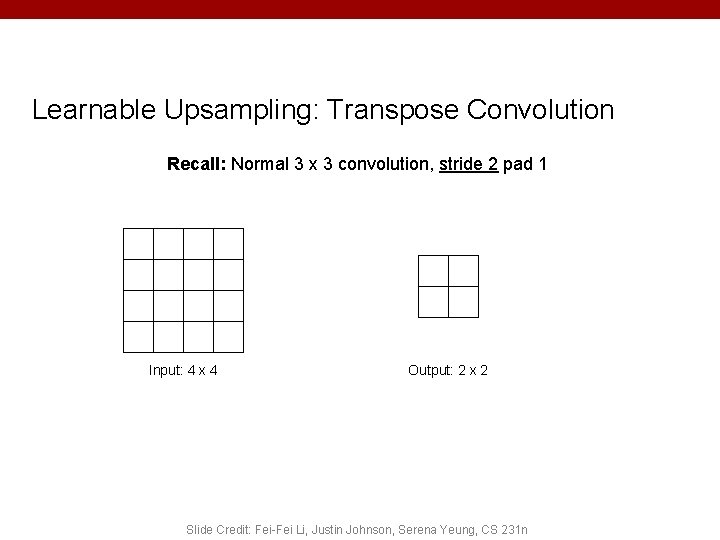 Learnable Upsampling: Transpose Convolution Recall: Normal 3 x 3 convolution, stride 2 pad 1 Learnable Upsampling: Transpose Convolution Recall: Normal 3 x 3 convolution, stride 2 pad 1