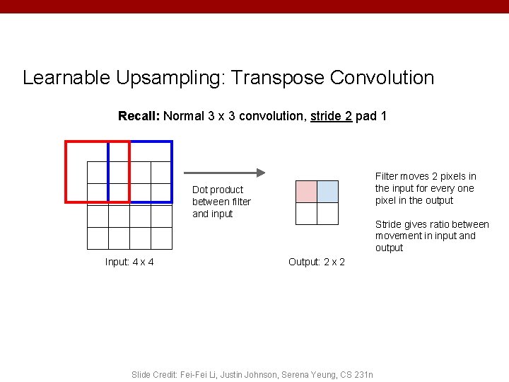 Learnable Upsampling: Transpose Convolution Recall: Normal 3 x 3 convolution, stride 2 pad 1 Learnable Upsampling: Transpose Convolution Recall: Normal 3 x 3 convolution, stride 2 pad 1