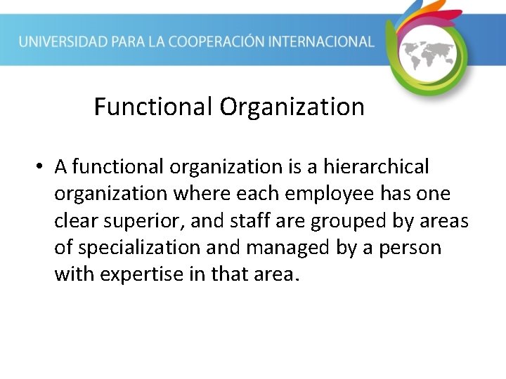 Functional Organization • A functional organization is a hierarchical organization where each employee has