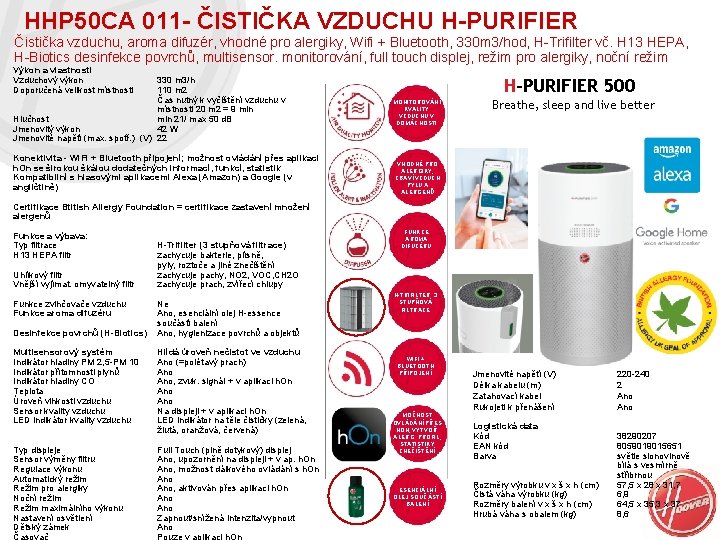 HHP 50 CA 011 - ČISTIČKA VZDUCHU H-PURIFIER Čistička vzduchu, aroma difuzér, vhodné pro