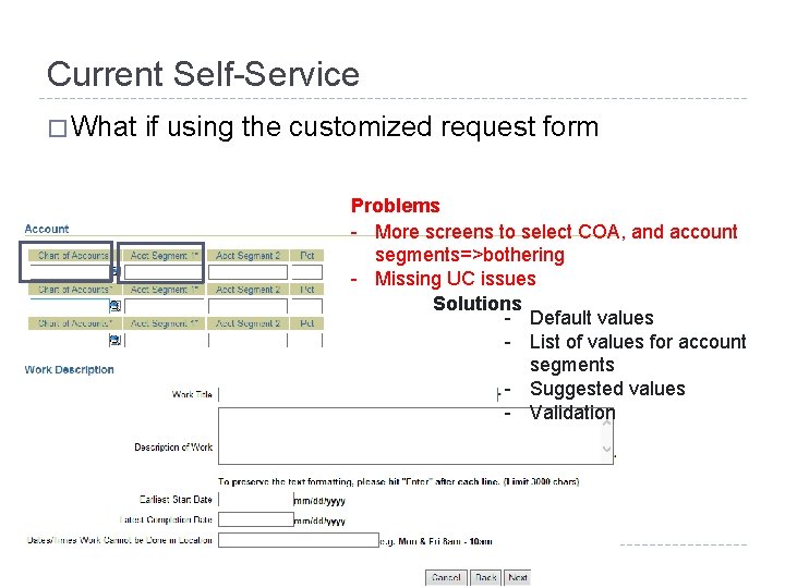 Current Self-Service � What if using the customized request form Problems - More screens