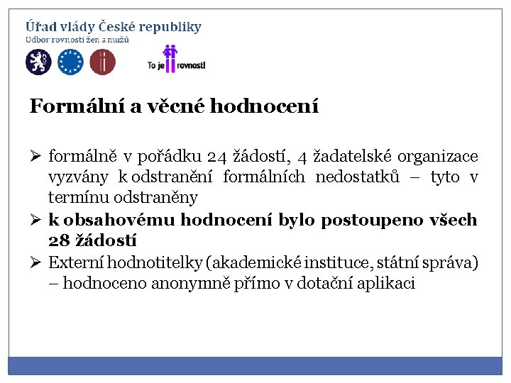 Formální a věcné hodnocení Ø formálně v pořádku 24 žádostí, 4 žadatelské organizace vyzvány