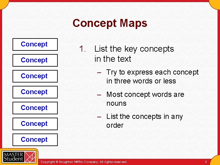 Concept Maps Concept Concept 1. List the key concepts in the text – Try