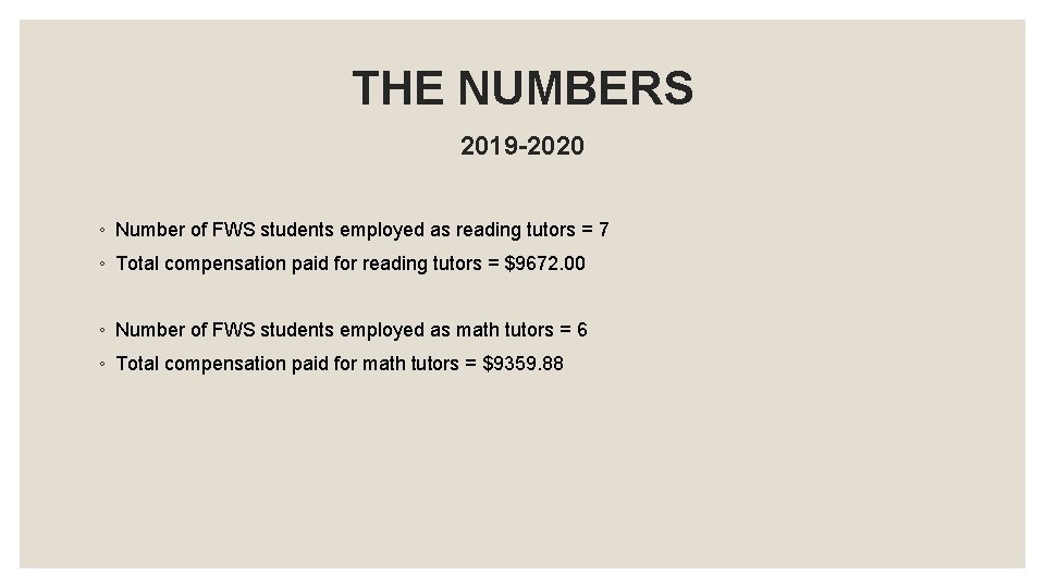 THE NUMBERS 2019 -2020 ◦ Number of FWS students employed as reading tutors = THE NUMBERS 2019 -2020 ◦ Number of FWS students employed as reading tutors =