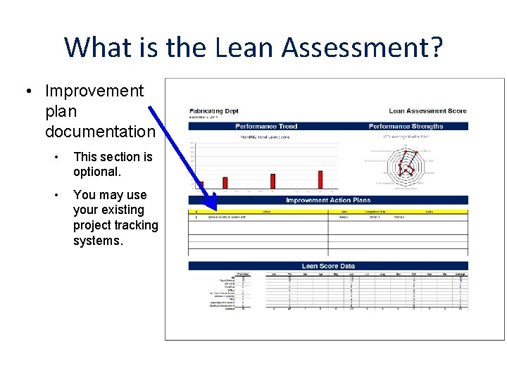 What is the Lean Assessment? • Improvement plan documentation • This section is optional.