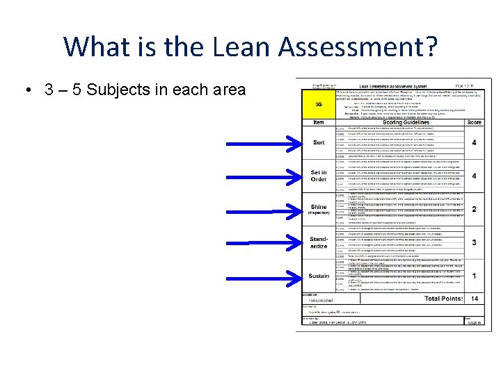 What is the Lean Assessment? • 3 – 5 Subjects in each area 