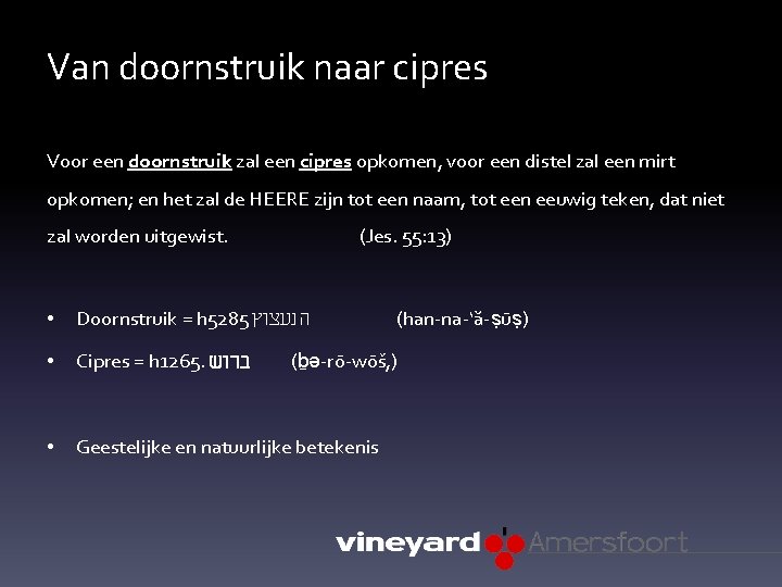 Van doornstruik naar cipres Voor een doornstruik zal een cipres opkomen, voor een distel