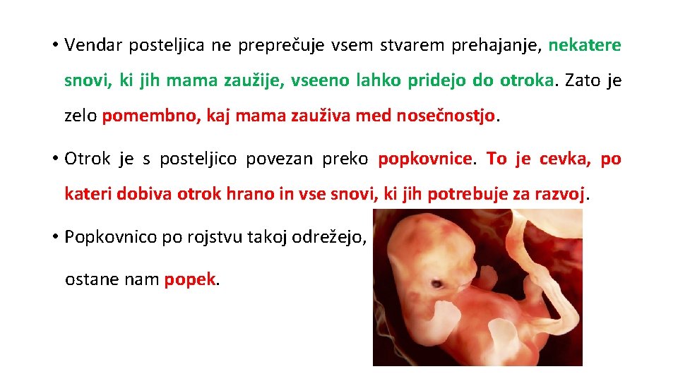 • Vendar posteljica ne preprečuje vsem stvarem prehajanje, nekatere snovi, ki jih mama • Vendar posteljica ne preprečuje vsem stvarem prehajanje, nekatere snovi, ki jih mama