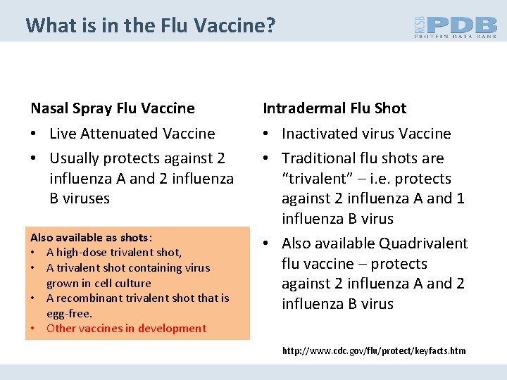 What is in the Flu Vaccine? Nasal Spray Flu Vaccine Intradermal Flu Shot •
