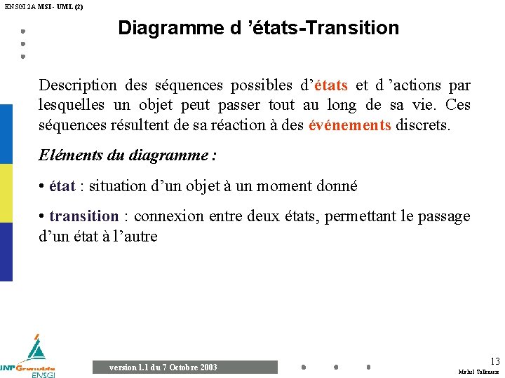 ENSGI 2 A MSI - UML (2) Diagramme d ’états-Transition Description des séquences possibles