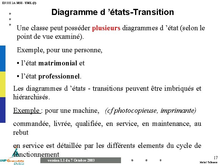 ENSGI 2 A MSI - UML (2) Diagramme d ’états-Transition Une classe peut posséder