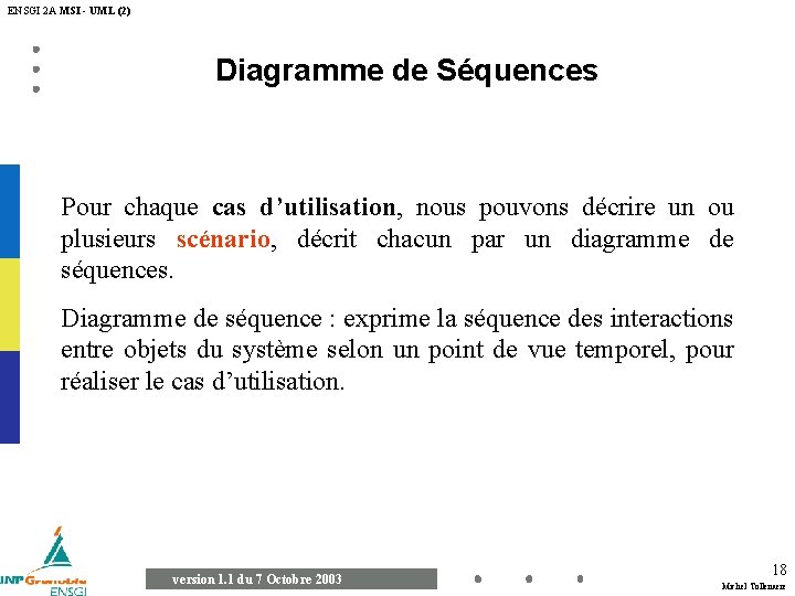 ENSGI 2 A MSI - UML (2) Diagramme de Séquences Pour chaque cas d’utilisation,