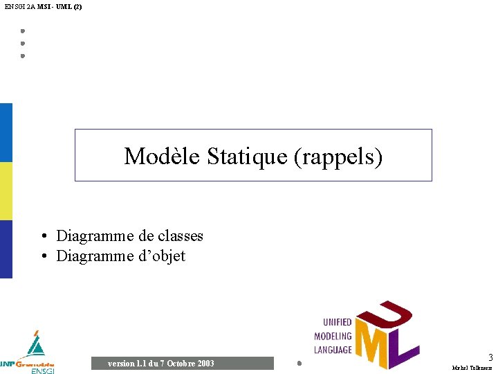 ENSGI 2 A MSI - UML (2) Modèle Statique (rappels) • Diagramme de classes