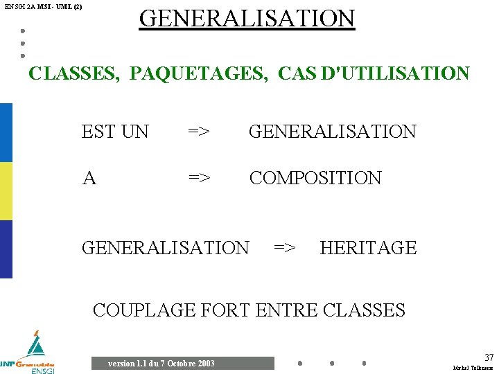 ENSGI 2 A MSI - UML (2) GENERALISATION CLASSES, PAQUETAGES, CAS D'UTILISATION EST UN