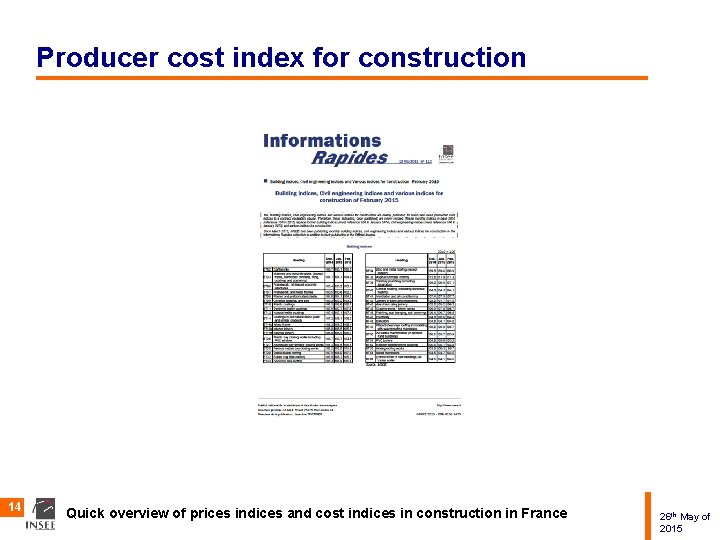 Producer cost index for construction 14 Quick overview of prices indices and cost indices