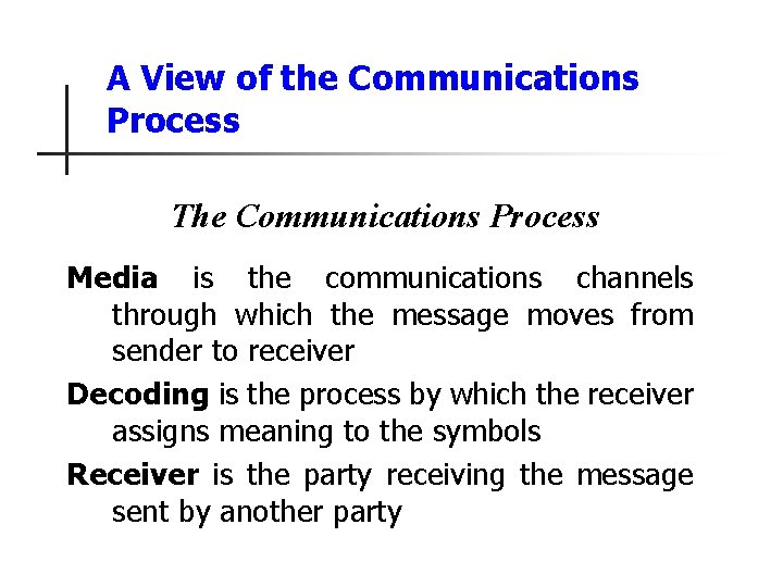 A View of the Communications Process The Communications Process Media is the communications channels