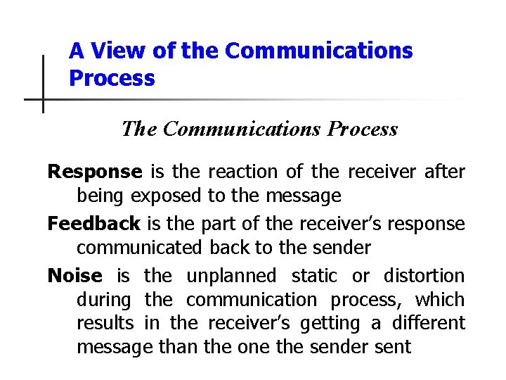 A View of the Communications Process The Communications Process Response is the reaction of