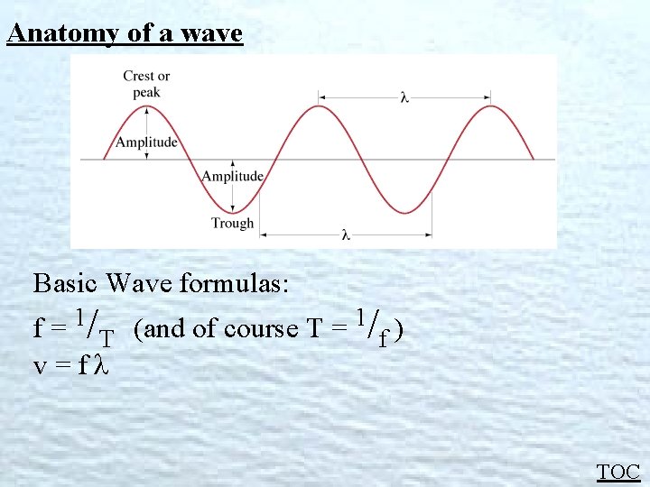 Anatomy of a wave Basic Wave formulas: f = 1/T (and of course T Anatomy of a wave Basic Wave formulas: f = 1/T (and of course T