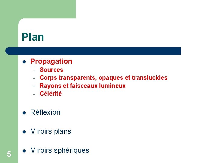 Plan l Propagation – – 5 Sources Corps transparents, opaques et translucides Rayons et