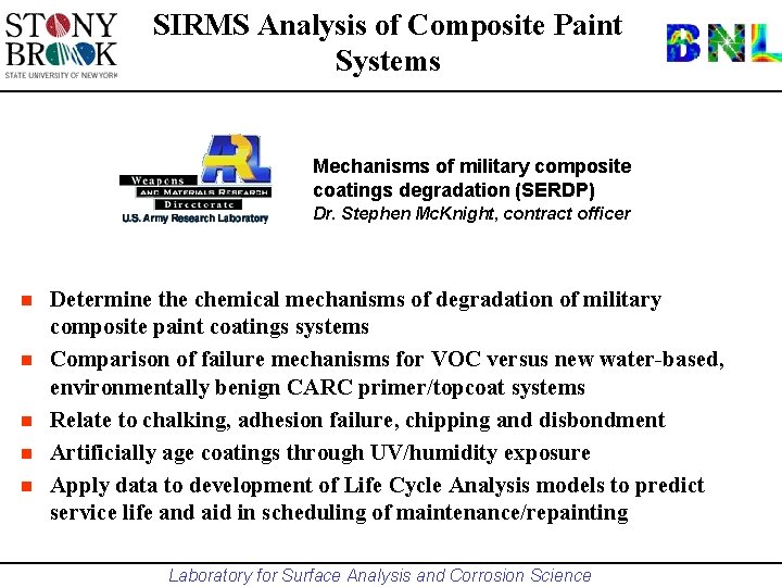 SIRMS Analysis of Composite Paint Systems Mechanisms of military composite coatings degradation (SERDP) Dr.