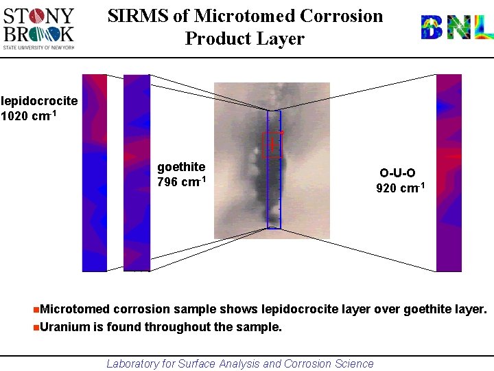 SIRMS of Microtomed Corrosion Product Layer lepidocrocite 1020 cm-1 goethite 796 cm-1 n. Microtomed