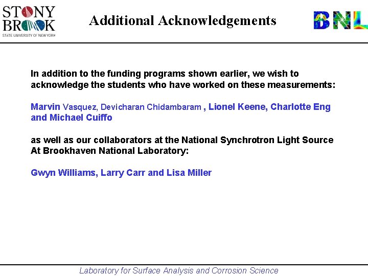 Additional Acknowledgements In addition to the funding programs shown earlier, we wish to acknowledge