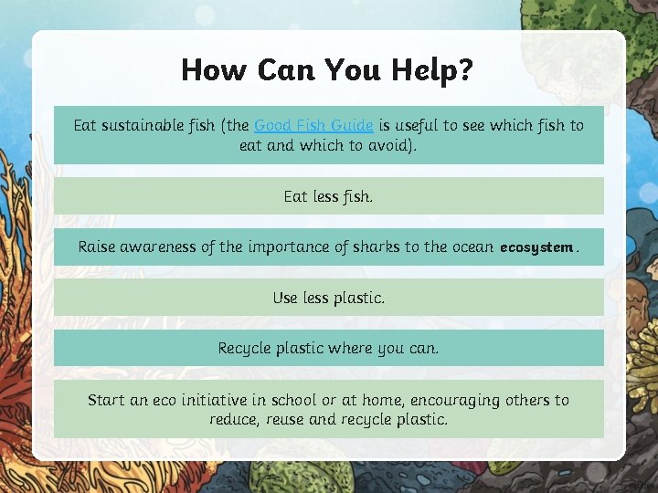 How Can You Help? Eat sustainable fish (the Good Fish Guide is useful to