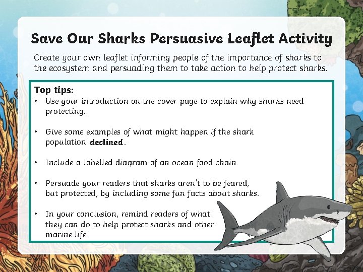 Save Our Sharks Persuasive Leaflet Activity Create your own leaflet informing people of the