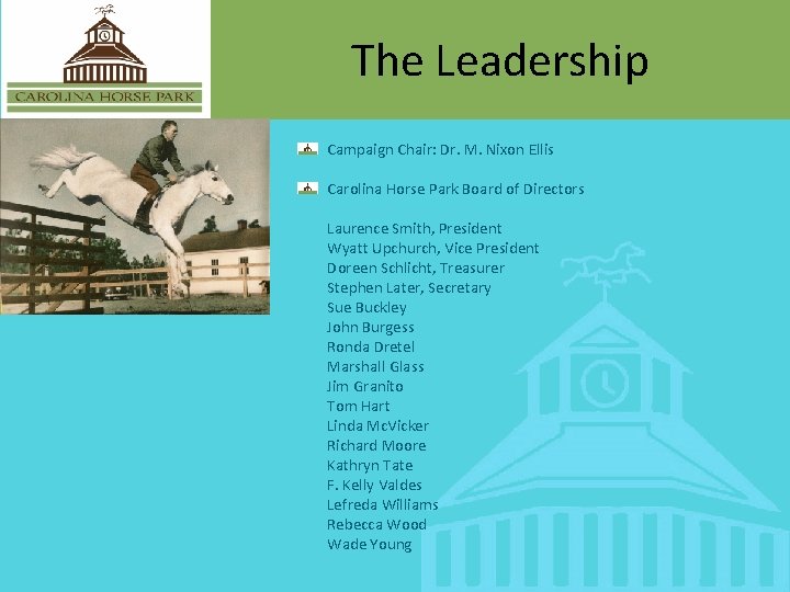 The Leadership Campaign Chair: Dr. M. Nixon Ellis Carolina Horse Park Board of Directors