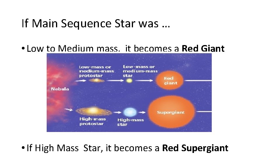 If Main Sequence Star was … • Low to Medium mass, it becomes a