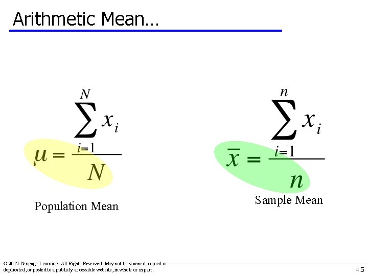 Arithmetic Mean… Population Mean © 2012 Cengage Learning. All Rights Reserved. May not be