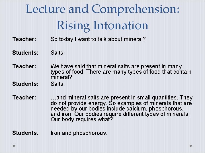 Lecture and Comprehension: Rising Intonation Teacher: So today I want to talk about mineral?