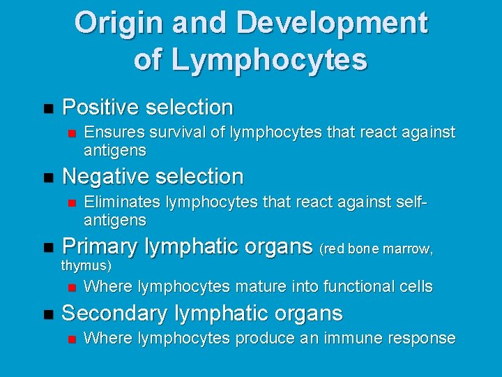 Origin and Development of Lymphocytes n Positive selection n n Negative selection n n