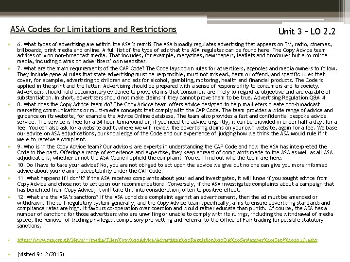 ASA Codes for Limitations and Restrictions • • Unit 3 – LO 2. 2