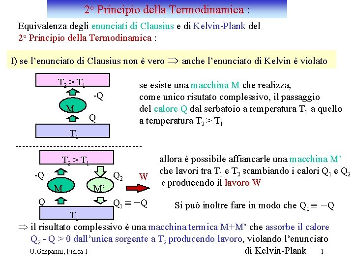 2 o Principio della Termodinamica : Equivalenza degli enunciati di Clausius e di Kelvin-Plank