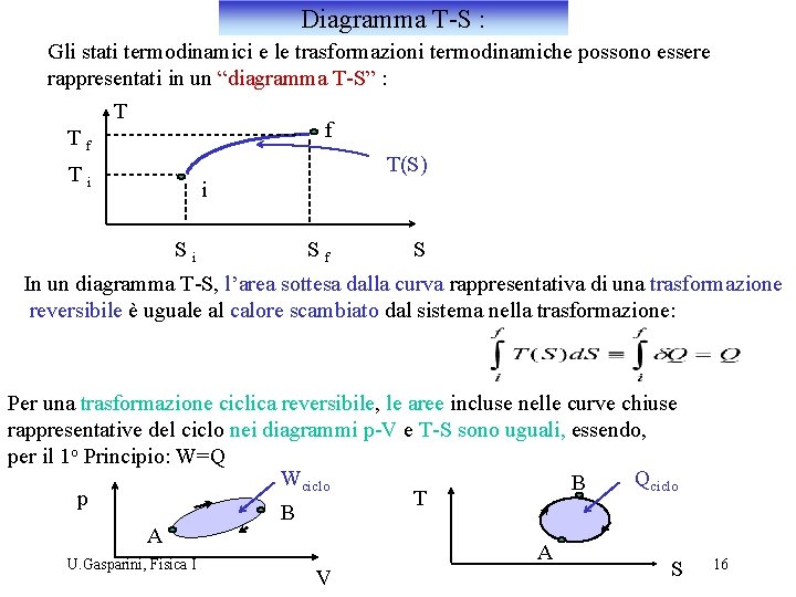 Diagramma T-S : Gli stati termodinamici e le trasformazioni termodinamiche possono essere rappresentati in