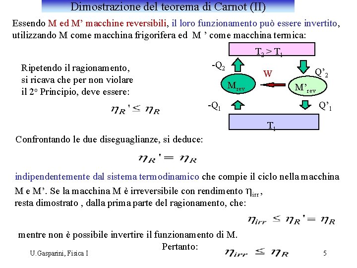 Dimostrazione del teorema di Carnot (II) Essendo M ed M’ macchine reversibili, il loro