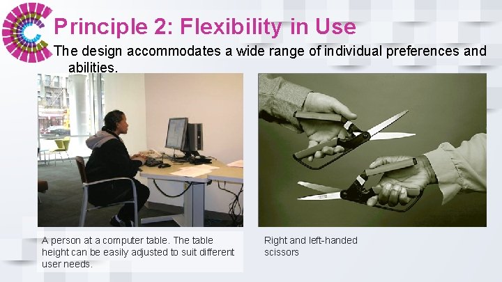 Principle 2: Flexibility in Use The design accommodates a wide range of individual preferences