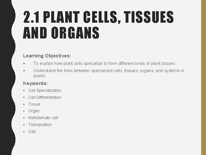 2. 1 PLANT CELLS, TISSUES AND ORGANS Learning Objectives: • To explain how plant