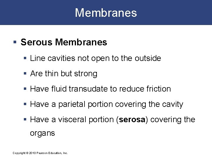 Membranes § Serous Membranes § Line cavities not open to the outside § Are